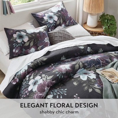 Dark Gray and Plum Floral Cotton Full Comforter Set
