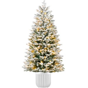 Pre-Lit Potted Flocked Christmas Tree, Realistic Artificial Décor, w/ Twinkling White & Multi LEDs - 1 of 4