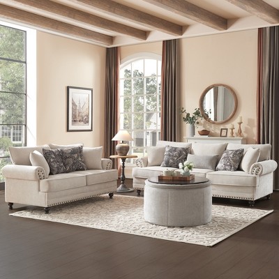 Piece Living Room Set, Modern Farmhouse Chenille Sofa and Loveseat with Nailhead Trim, Floral Accent Chair