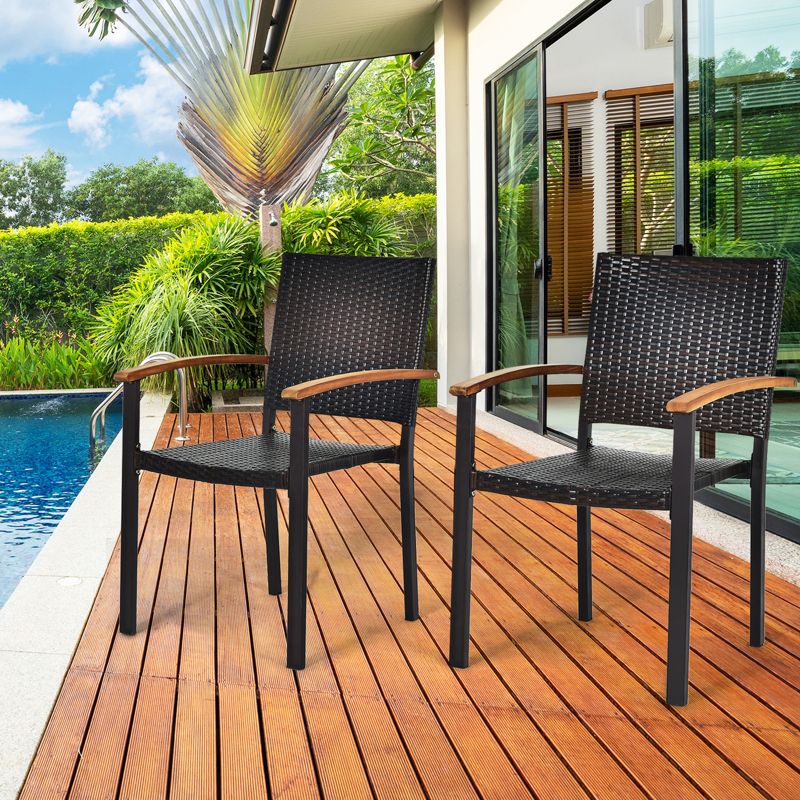 Tangkula Patio Rattan Dining Armchair 2 Set of Wicker Chair W/Steel Frame Acacia Armrests Indoor & Outdoor, 2 of 11