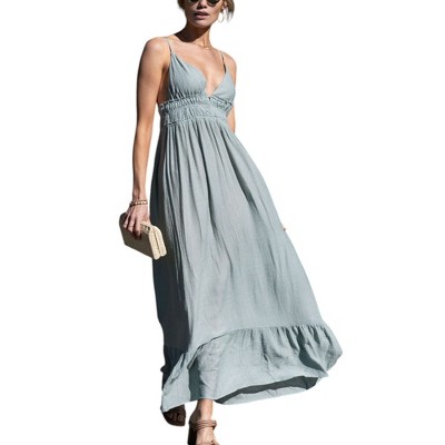 Amaryllis Women's Smocked Bodice Maxi Dress Spaghetti Straps V-Neck Flowy Summer Dress with Tiered Skirt  Day-to-Night