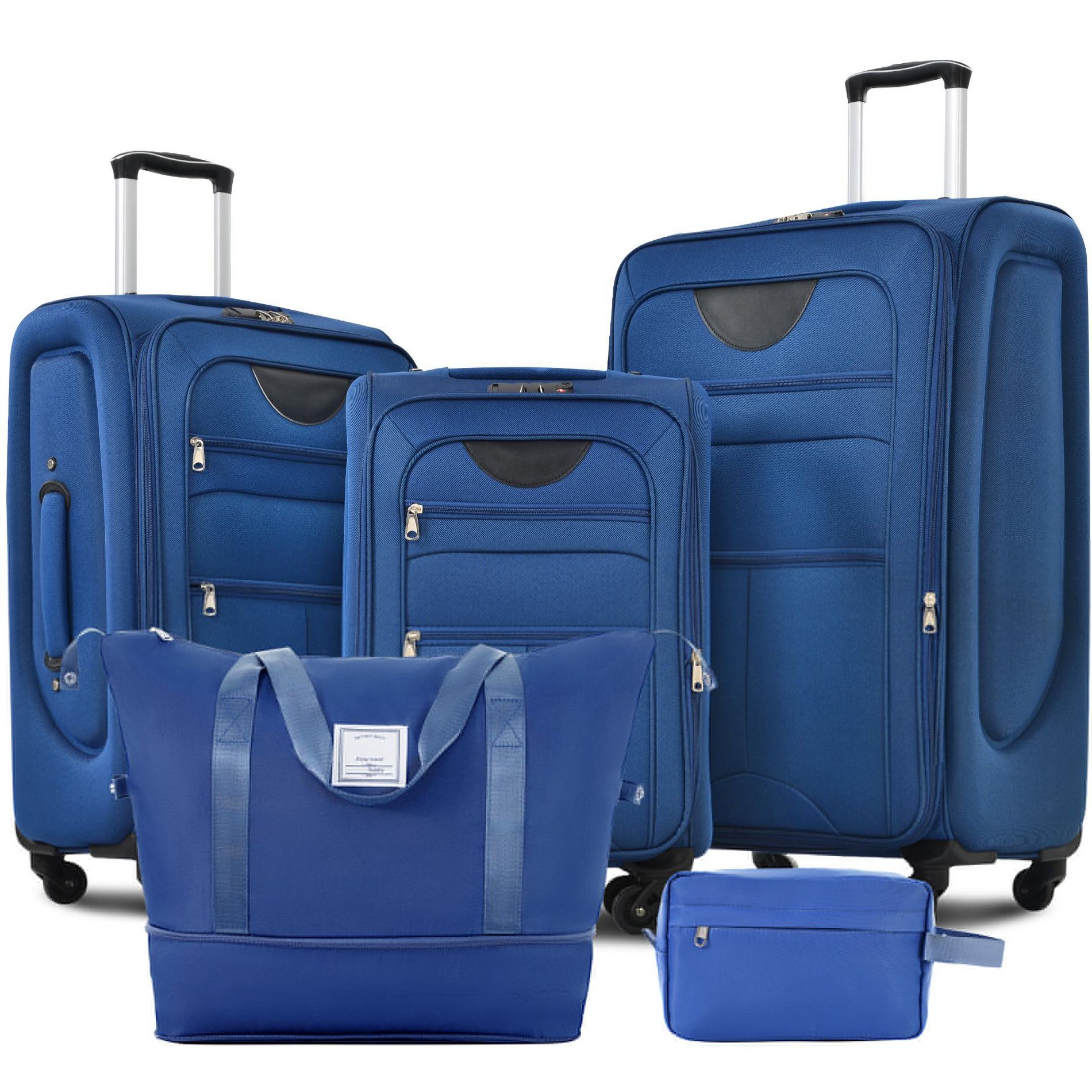 5 PCS Expandable Luggage Set, Softside Lightweight Spinner Suitcase with Duffel Bag, Tolietry Bag and TSA Lock, Navy Blue - ModernLuxe