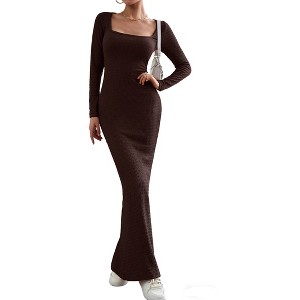 Women's Square Neck Ribbed Knit Long Sleeve Bodycon Maxi Dress Casual Formal Wear - 1 of 4