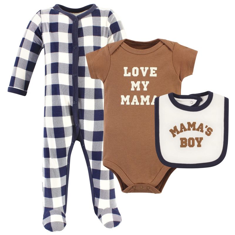 Hudson Baby Infant Boy Cotton Sleep and Play, Bodysuit and Bandana Bib Set, Brown Navy Mamas Boy, 1 of 5
