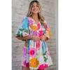 Amaryllis Women's Oversized Floral Mini Dress Boho V-Neck Balloon Sleeve Tiered Flowing Babydoll Dress - 2 of 4