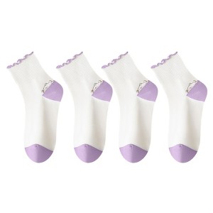 Anna-Kaci 4 Pairs Mid-Crew Ruffle Trim Socks with Contrast Toe Heel and Cat Embroidery Design - 1 of 4