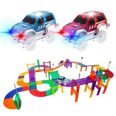 PICASSO-TILES 81 pc Race Track Magnetic Tiles, Building Blocks with 2 Racing Toy Cars included for Kids