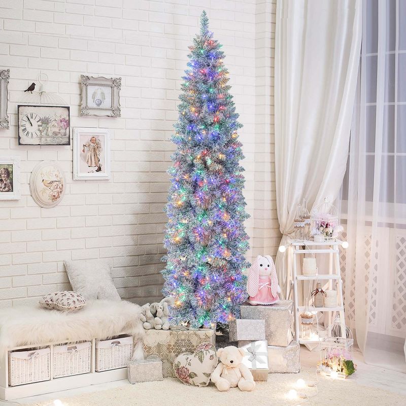Costway 5 FT Pre-lit Christmas Tree Hinged Pencil Decoration 190 Multi-Color LED Lights, 1 of 11