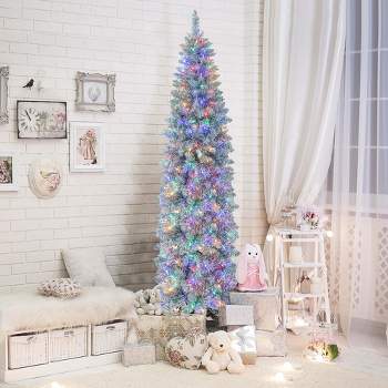 Costway 5 FT Pre-lit Christmas Tree Hinged Pencil Decoration 190 Multi-Color LED Lights