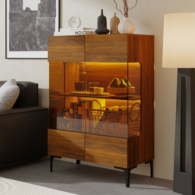 Famapy Bookshelf Contemporary Display Cabinet with Warm Light and Glass Front Multifunctional Bookcase Storage Cabinet