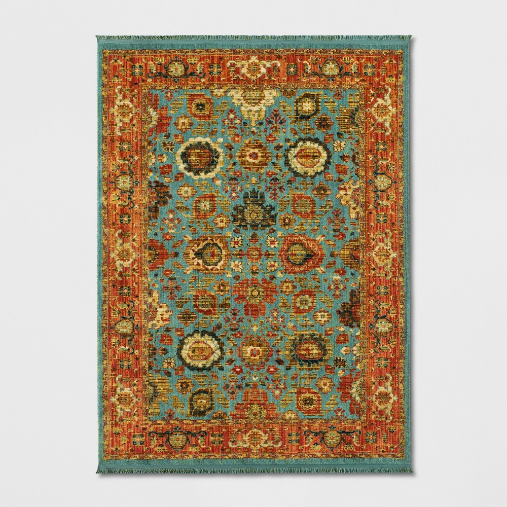 Photos - Area Rug 5'x7' Persian Style with Fringe Border Woven  Teal/Orange - Thresh