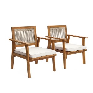LuxenHome Outdoor Acacia Wood Rope Back Armchairs with Cushions, Set of 2 - 1 of 4