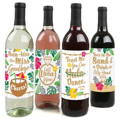 Big Dot of Happiness Last Luau - Tropical Bachelorette Party and Bridal Shower Decorations for Women and Men - Wine Bottle Label Stickers - Set of 4