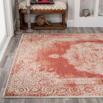 Peach and Ivory Synthetic Medallion Area Rug, 3 x 5 ft