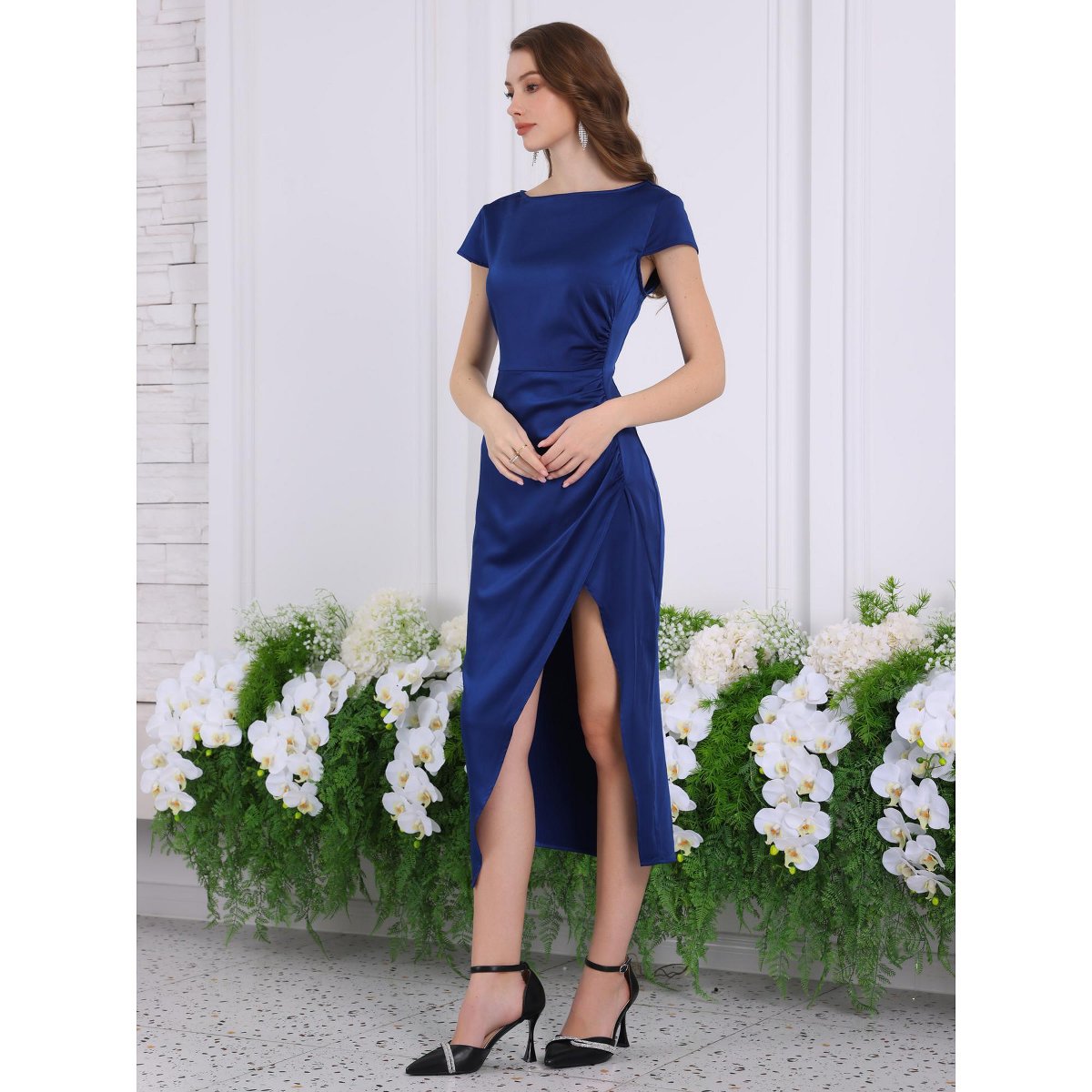 Женские платья INSPIRE CHIC Women's Satin Boat Neck Cap Sleeve Side Split Ruched Party Dress Royal Blue Large — фото 3