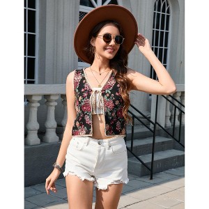 Coolmee Women's Casual Vests Tops V Neck Sleeveless Fashionable Floral Jacquard Tie Front Tops Fashion Cropped Party Vests L Black jacquard - 1 of 4