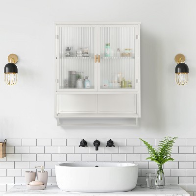 Vynxaria 23.62" Glass Doors Modern Two-Door Wall Cabinet with Two-Tier Enclosed Storage, Open Shelf, and Towel Rack for Versatile Use