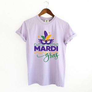 Simply Sage Market Women's Mardi Gras Mask Stacked Short Sleeve Garment Dyed Tee - 1 of 4