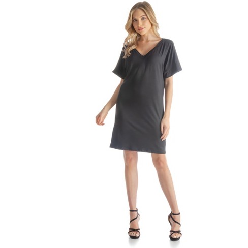 24seven Comfort Apparel Solid Color Loose Fit V Neck T Shirt Style Womens Knee Length Dress Target