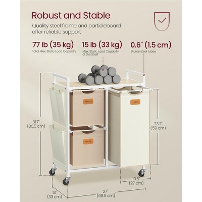 VASAGLE Beige and Brown 3-Compartment Rolling Laundry Sorter