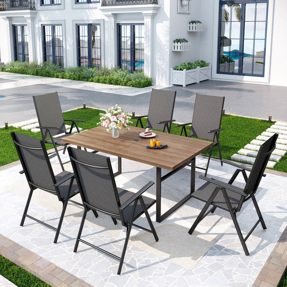 Photos - Dining Table 7pc Patio Dining Set with Rectangular Faux Wood Table with Umbrella Hole &