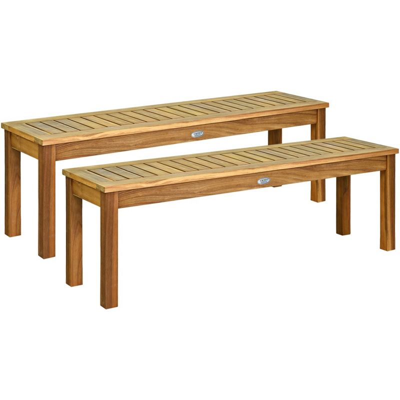 Tangkula Set of 2 Acacia Wood Bench Dining Bench Patio Garden w/ Slatted Seat Teak, 1 of 10