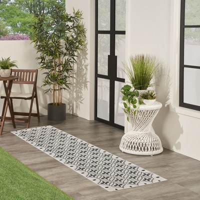 Ivory Black Moroccan Trellis Indoor Outdoor Runner Rug