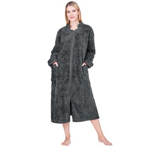 PAVILIA Womens Fluffy Housecoat Zip Robe, Faux Shearling Zipped Up Front Bathrobe, Plush Warm Zipper House Coat Lounger - 1 of 4