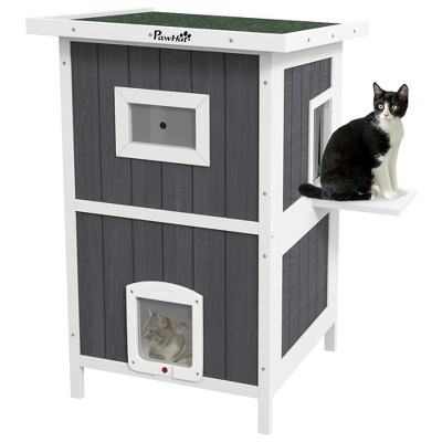 Pawhut Outdoor Cat House, Wooden Feral Cat House 2 Tiers Cat Shelter ...