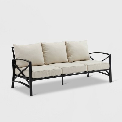 Oatmeal Cushioned Black Metal Three-Seat Outdoor Sofa