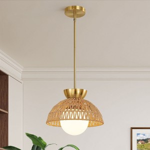 KAISITE 11.8in Rattan Pendant Light with Frosted Glass Globe & Brass Canopy - Boho Coastal Kitchen Island Dining Room Hanging Light - 1 of 4