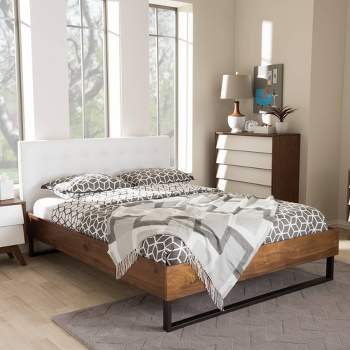 King Mitchell Rustic Industrial Walnut Wood and Faux Leather Metal Platform Bed White - Baxton Studio
