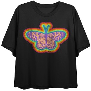 Multicolored Butterfly Crew Neck Short Sleeve Women's Black Crop T-shirt - 1 of 3