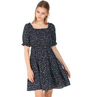 Allegra K Women's Square Neck Elastic Waist Frill Trim Flowy Floral Puff  Sleeve Dress Navy Blue X-large : Target