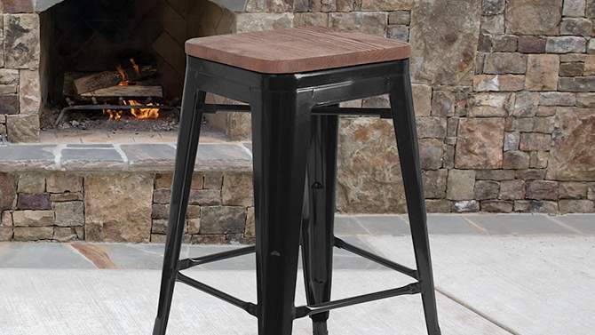 Emma and Oliver 24"H Backless Black Metal Counter Height Stool with Wood Seat, 2 of 14, play video