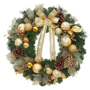 18/24 Inch Luxury Golden Christmas Wreath with Metallic Ornaments, Mesh Leaves, Pinecones & Bow - 1 of 4