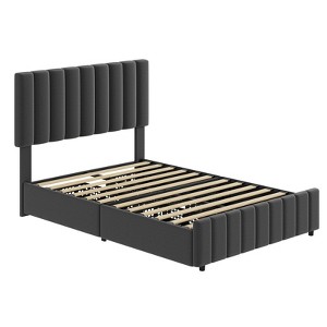 Bed Frame, Linen Quilted Upholstered Platform Bed with Adjustable Headboard & 4 Storage Drawers, Sturdy Wooden Slats Support - 1 of 4