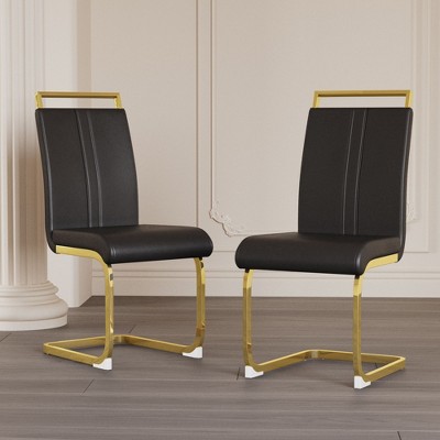 CENGHU Modern Dining Chairs Set of 2, Upholstered PU Faux Leather Side Chair with C-shaped Tube Plating Golden Metal Legs, Guest Office Chair, Black