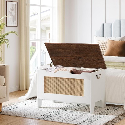 Rattan Toy Chest, 30" Kids Wood Large Toy Box, Storage Bench with Safety Hinge,Storage Trunk for Entryway, Living Room, Bedroom, Playroom, White