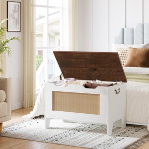 Rattan Toy Chest, 30" Kids Wood Large Toy Box, Storage Bench with Safety Hinge,Storage Trunk for Entryway, Living Room, Bedroom, Playroom, White - 1 of 4