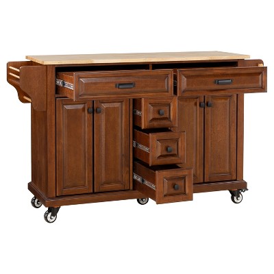 Vynxaria Kitchen Island - Rubberwood Countertop, 5-Wheel Rolling Cart with 5 Drawers, Storage Cabinet, Towel/Spice Racks for Dining & Kitchen,Brown