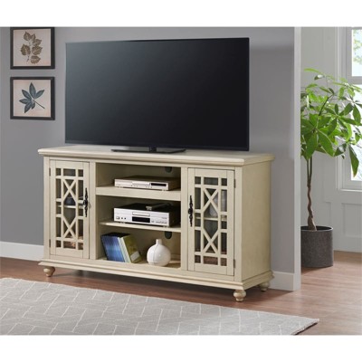 Parisian Antique White 63" Pine & Glass Elegant TV Stand with Cabinet