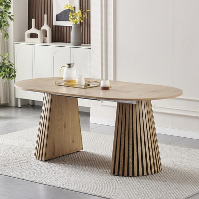39.4-70.9" Extendable Oval Dining Table with Slatted Double Pedestal,Modern Space-Saving Table for 6-8 Person-Baofuwish