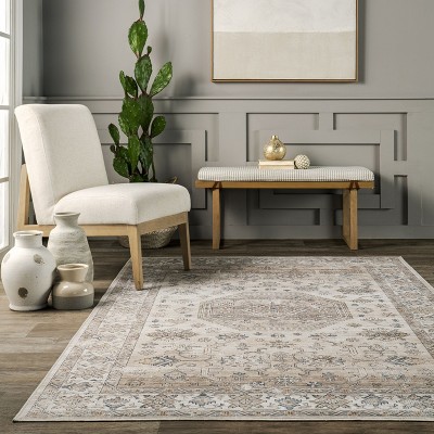 Beige and Ivory Synthetic Washable 4' x 6' Area Rug