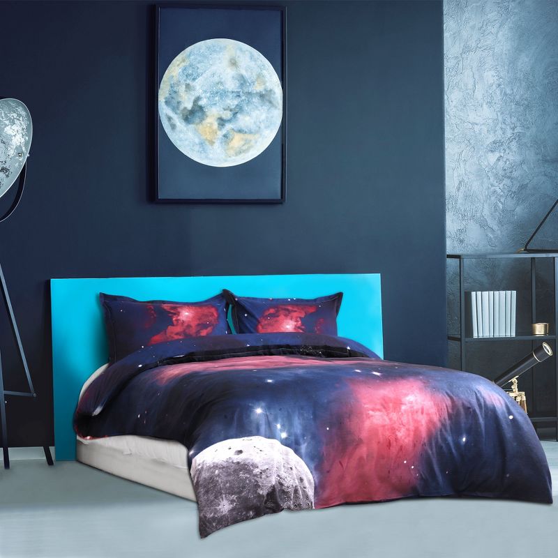 PiccoCasa 100% Polyester 3D Printed Galaxies Fuchsia Reversible Design Duvet Cover Sets with 2 Pillowcases Queen 3 Pcs, 3 of 7