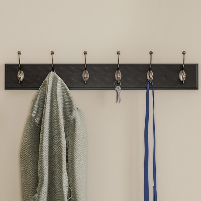 Wall Hook Rail-Mounted Hanging Rack with 6 Hooks-Entryway, Hallway, or Bedroom-Storage Organization for Coats, Towels, Bags by Hastings Home (Black)