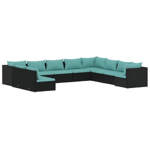 vidaXL 10 Piece Patio Lounge Set - Black Poly Rattan with Blue Cushions - Weather-Resistant Garden Furniture - Modular Design, Sturdy Steel Frame - 1 of 4