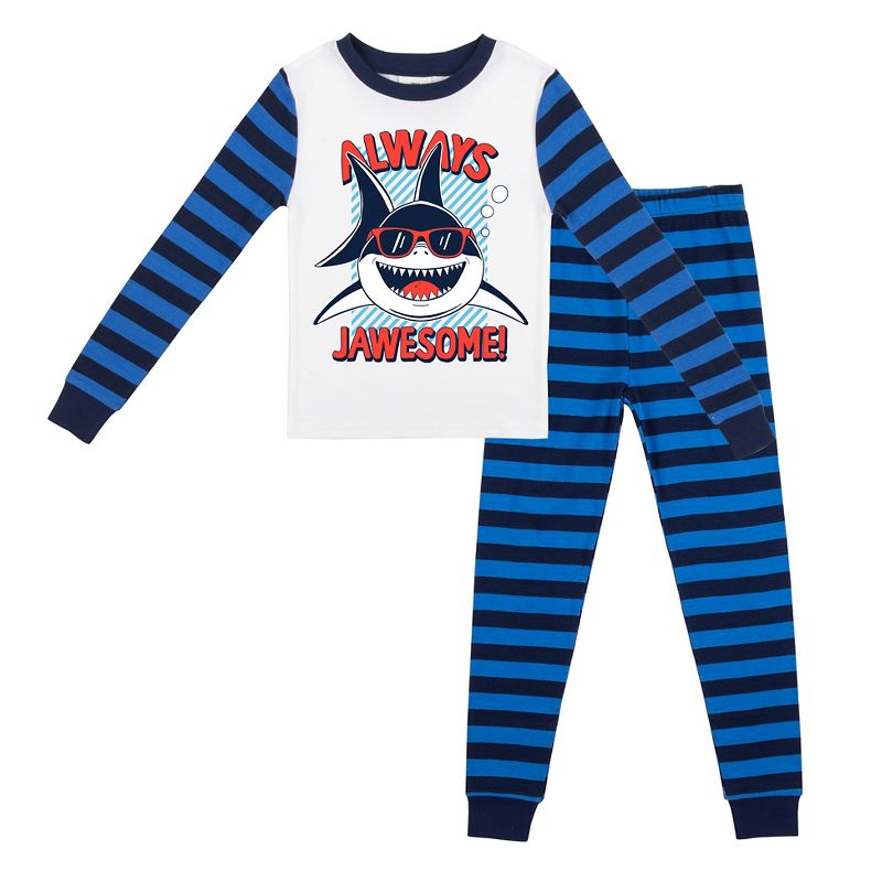 "Always Jawesome" Blue-and-Black-Striped Long-Sleeve Pajama Set, 1 of 5