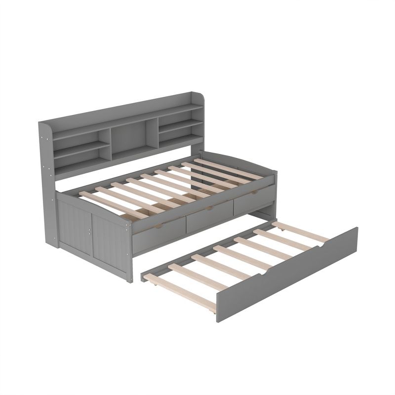 Twin Size Wooden Captain Bed with Built-in Bookshelves, Three Storage Drawers and Trundle-ModernLuxe, 4 of 10