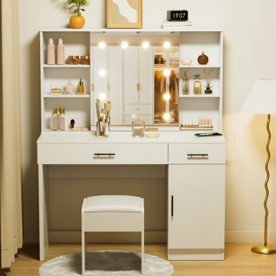 ROOMTEC 45.27" Makeup Vanity Table with Lighted Mirror,Large Vanity Desk with Storage Shelf and Drawers, Bedroom Dressing Table, 10 LED Lights, White